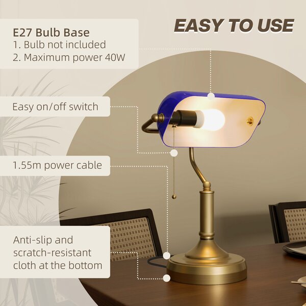 HOMCOM Banker's Desk Lamp with Antique Bronze Tone Base, Table Lamp with Blue Glass Shade for Home Office, Blue Aosom UK
