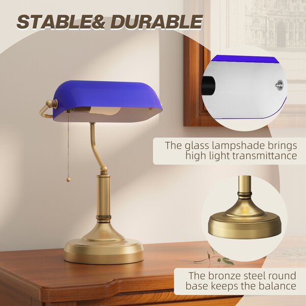 HOMCOM Banker's Desk Lamp with Antique Bronze Tone Base, Table Lamp with Blue Glass Shade for Home Office, Blue Aosom UK