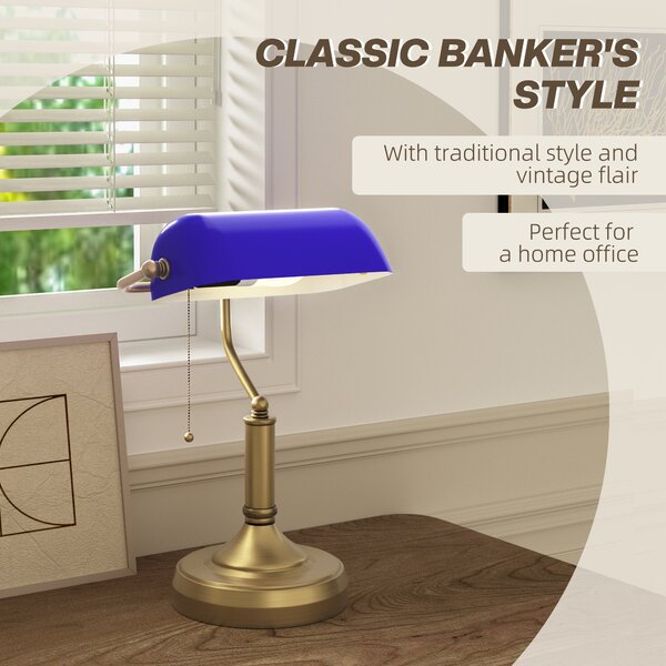 HOMCOM Banker's Desk Lamp with Antique Bronze Tone Base, Table Lamp with Blue Glass Shade for Home Office, Blue Aosom UK