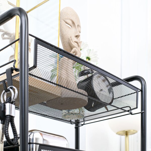 HOMCOM 5 Tier Utility Rolling Cart, Metal Storage Cart, Kitchen Cart with Removable Mesh Baskets, for Living Room and Bathroom, Black Aosom UK