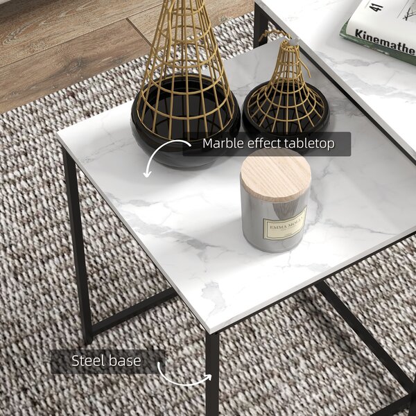 HOMCOM Nesting Tables Set of 3, Side End Table with Faux Marble Effect Top and Steel Legs for Living Room, Bedroom, White Aosom UK