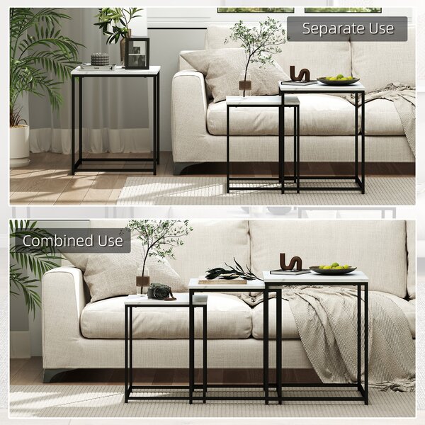 HOMCOM Nesting Tables Set of 3, Side End Table with Faux Marble Effect Top and Steel Legs for Living Room, Bedroom, White Aosom UK