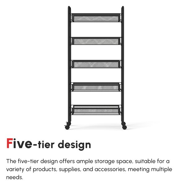 HOMCOM 5 Tier Utility Rolling Cart, Metal Storage Cart, Kitchen Cart with Removable Mesh Baskets, for Living Room and Bathroom, Black Aosom UK