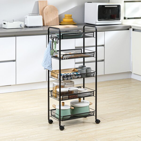 HOMCOM 5 Tier Utility Rolling Cart, Metal Storage Cart, Kitchen Cart with Removable Mesh Baskets, for Living Room and Bathroom, Black Aosom UK
