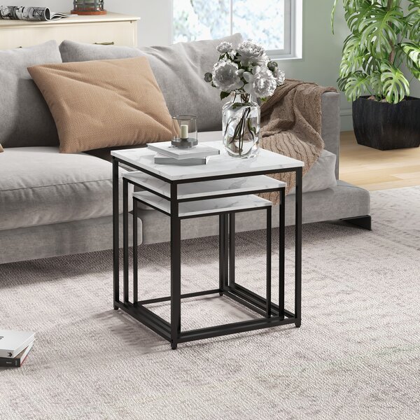 HOMCOM Nesting Tables Set of 3, Side End Table with Faux Marble Effect Top and Steel Legs for Living Room, Bedroom, White Aosom UK