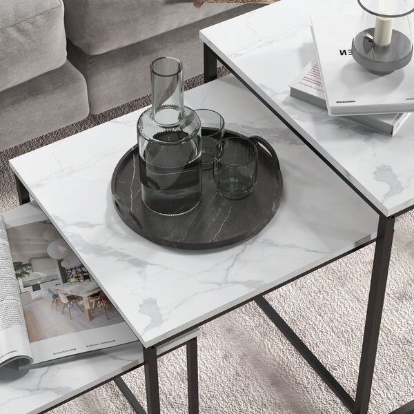 HOMCOM Nesting Tables Set of 3, Side End Table with Faux Marble Effect Top and Steel Legs for Living Room, Bedroom, White Aosom UK