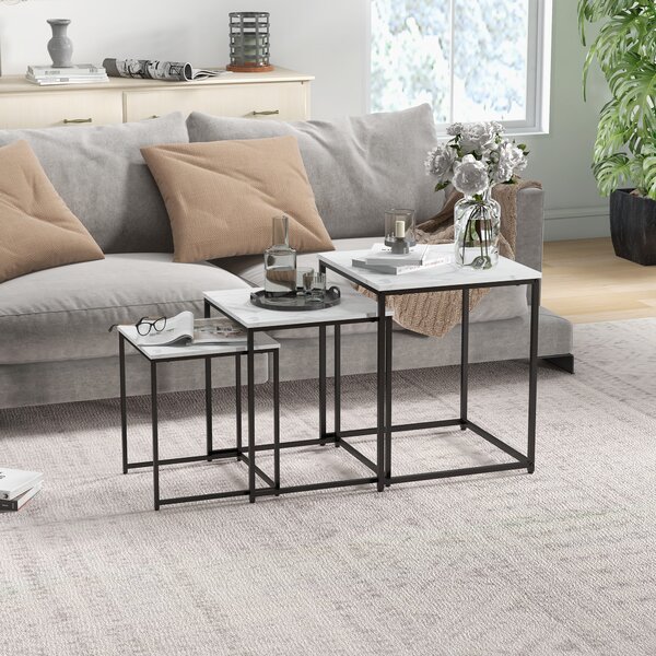 HOMCOM Nesting Tables Set of 3, Side End Table with Faux Marble Effect Top and Steel Legs for Living Room, Bedroom, White Aosom UK