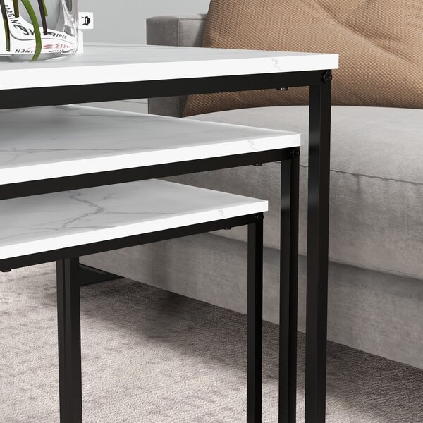 HOMCOM Nesting Tables Set of 3, Side End Table with Faux Marble Effect Top and Steel Legs for Living Room, Bedroom, White Aosom UK