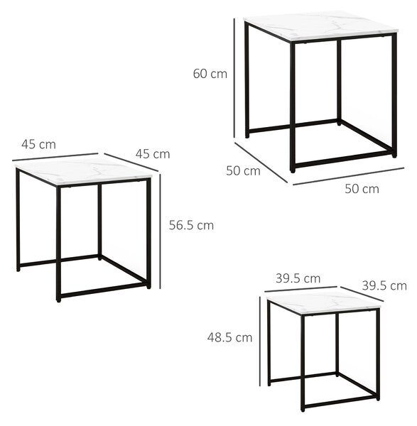 HOMCOM Nesting Tables Set of 3, Side End Table with Faux Marble Effect Top and Steel Legs for Living Room, Bedroom, White Aosom UK