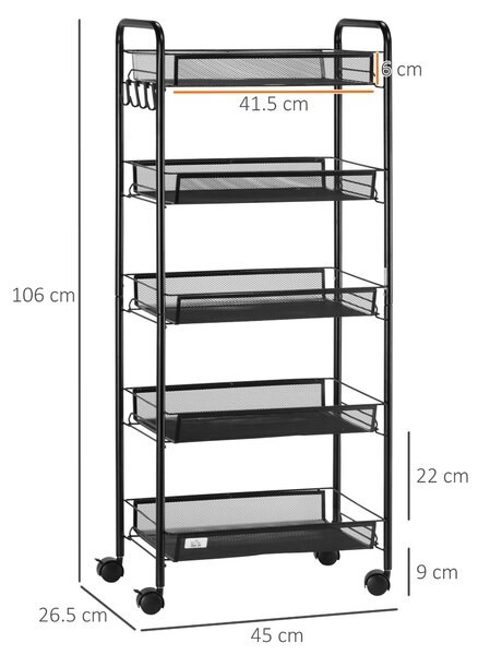 HOMCOM 5 Tier Utility Rolling Cart, Metal Storage Cart, Kitchen Cart with Removable Mesh Baskets, for Living Room and Bathroom, Black Aosom UK