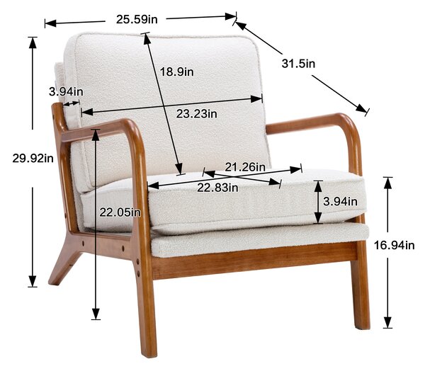 Mid-Century Modern Accent Chair with Solid Wood Frame and Soft Cushion, Comfy Armchair for Living Room, Ergonomic Design, 65x80x76cm, Beige Aosom.UK