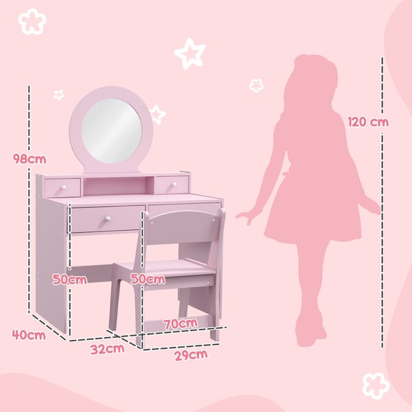 AIYAPLAY Kids Dressing Table Set Kids Make up Table with Stool and Mirror, Storage Drawers, Gift for Aged 3-8 Aosom UK