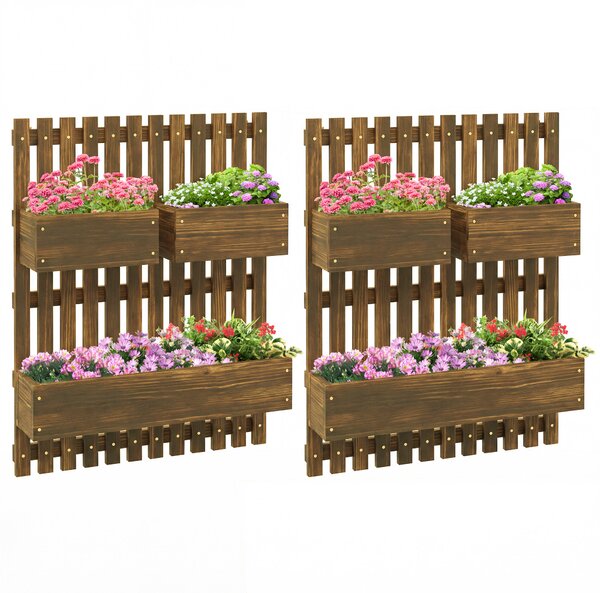 Outsunny Set of 2 Wall-mounted Wooden Garden Planters with Trellis, Drainage Holes and Movable Planter Boxes for Patio, Carbonised