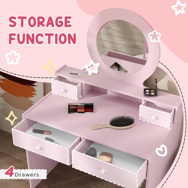 AIYAPLAY Kids Dressing Table Set Kids Make up Table with Stool and Mirror, Storage Drawers, Gift for Aged 3-8 Aosom UK