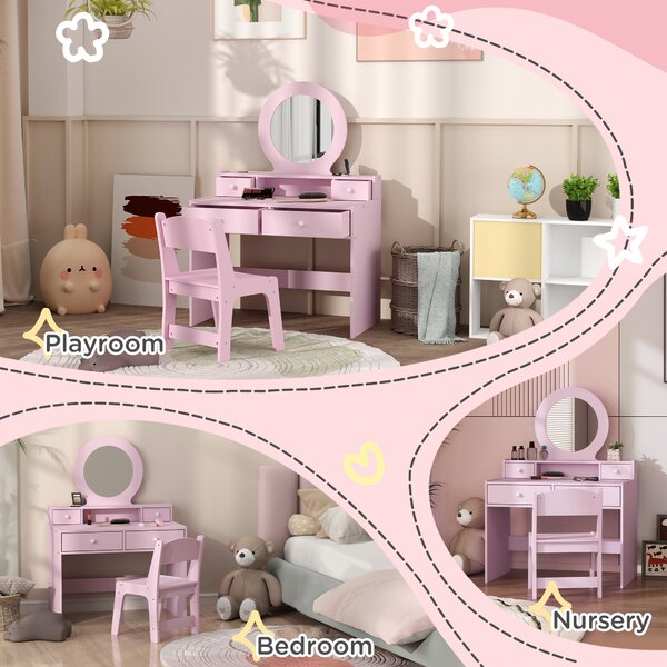 AIYAPLAY Kids Dressing Table Set Kids Make up Table with Stool and Mirror, Storage Drawers, Gift for Aged 3-8 Aosom UK