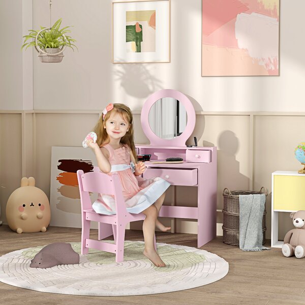 AIYAPLAY Kids Dressing Table Set Kids Make up Table with Stool and Mirror, Storage Drawers, Gift for Aged 3-8 Aosom UK