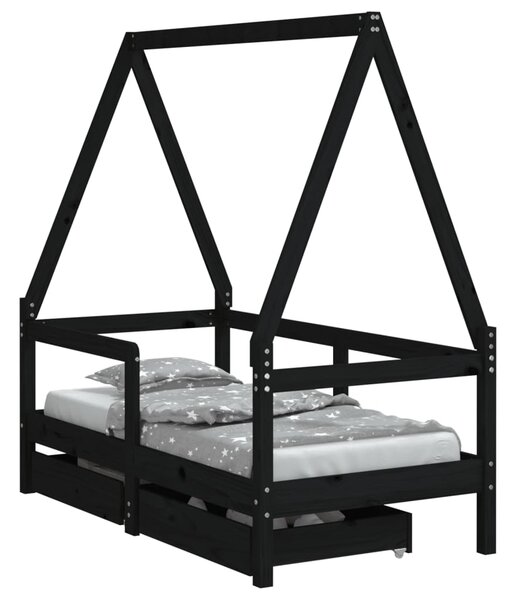 Kids Bed Frame with Drawers Black 70x140 cm Solid Wood Pine