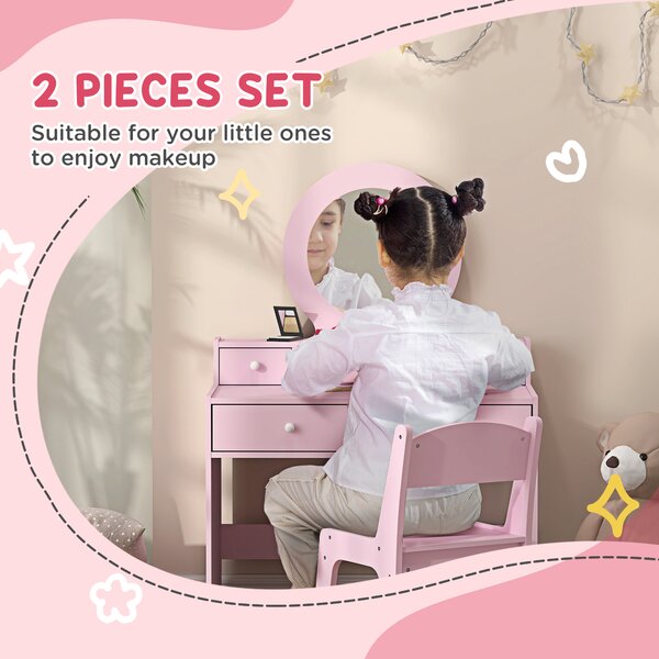 AIYAPLAY Kids Dressing Table Set Kids Make up Table with Stool and Mirror, Storage Drawers, Gift for Aged 3-8 Aosom UK
