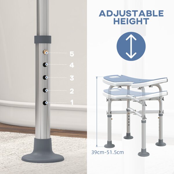 HOMCOM Bath Stool with Suction Cup Fee, 'U' Seat Padded Shower Stool, 39-51.5cm Adjustable Height, Light Blue Aosom UK