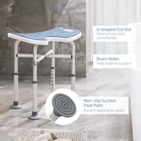 HOMCOM Bath Stool with Suction Cup Fee, 'U' Seat Padded Shower Stool, 39-51.5cm Adjustable Height, Light Blue Aosom UK
