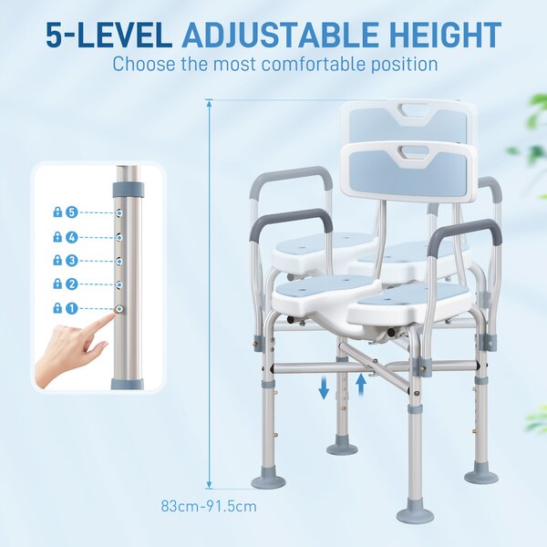 HOMCOM Bath Stool w/ Upgraded U-shaped Seat and Reinforced Crossbars, Height Adjustable Padded Shower Chair w/ Non-slip Feet, Light Blue Aosom UK