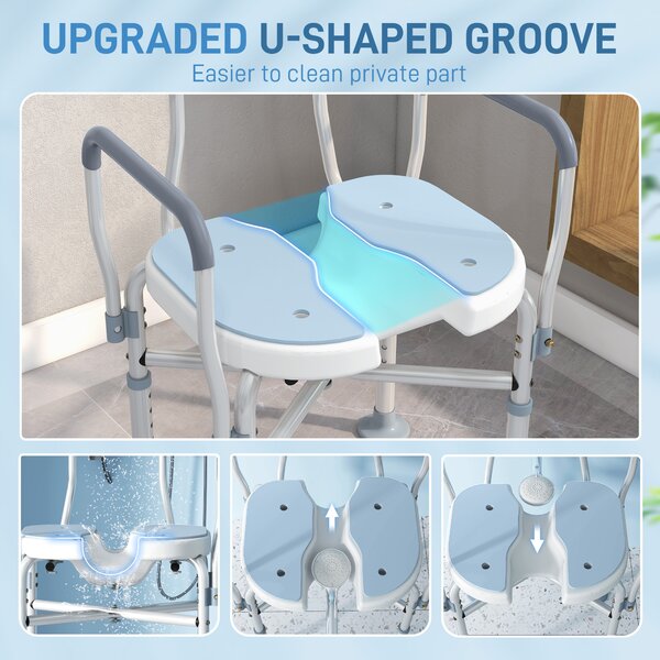 HOMCOM Bath Stool w/ Upgraded U-shaped Seat and Reinforced Crossbars, Height Adjustable Padded Shower Chair w/ Non-slip Feet, Light Blue Aosom UK