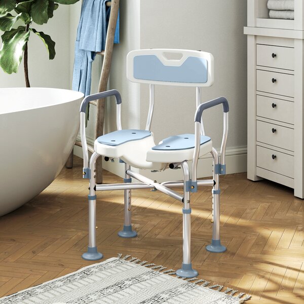 HOMCOM Bath Stool w/ Upgraded U-shaped Seat and Reinforced Crossbars, Height Adjustable Padded Shower Chair w/ Non-slip Feet, Light Blue Aosom UK