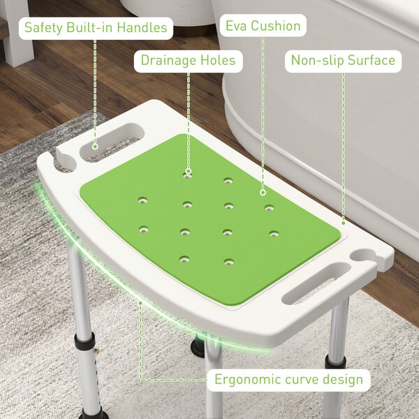 HOMCOM 6-Level Height Adjustable Aluminium Bath Stool with Non-Slip Design, Padded Seat Drainage Holes, Green Aosom UK