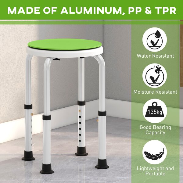 HOMCOM 360° Swivel Bath Stool with Non-Slip Feet, Height Adjustable Aluminium Shower Chair, Green Aosom UK