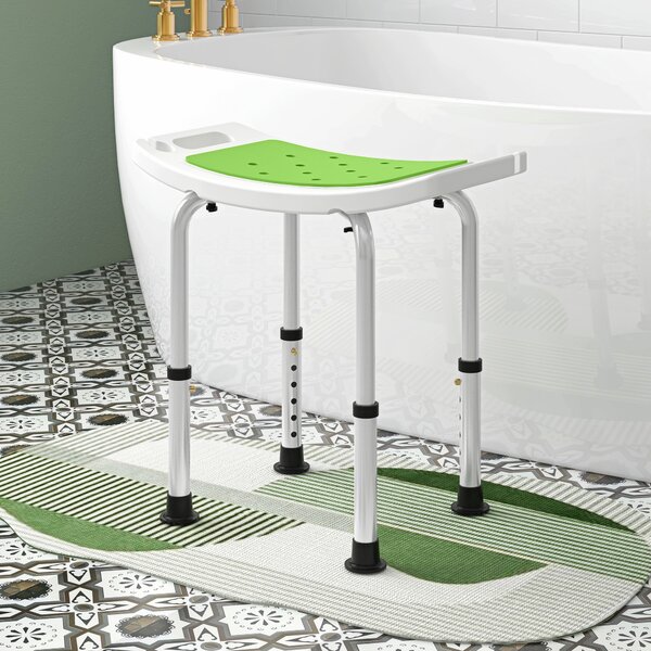 HOMCOM 6-Level Height Adjustable Aluminium Bath Stool with Non-Slip Design, Padded Seat Drainage Holes, Green Aosom UK