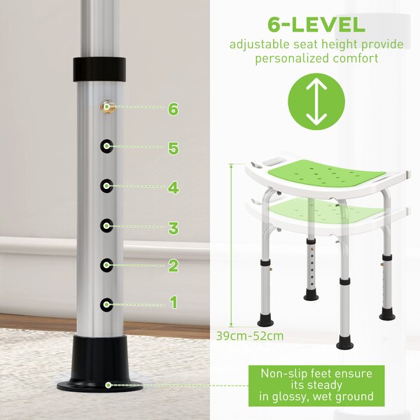 HOMCOM 6-Level Height Adjustable Aluminium Bath Stool with Non-Slip Design, Padded Seat Drainage Holes, Green Aosom UK