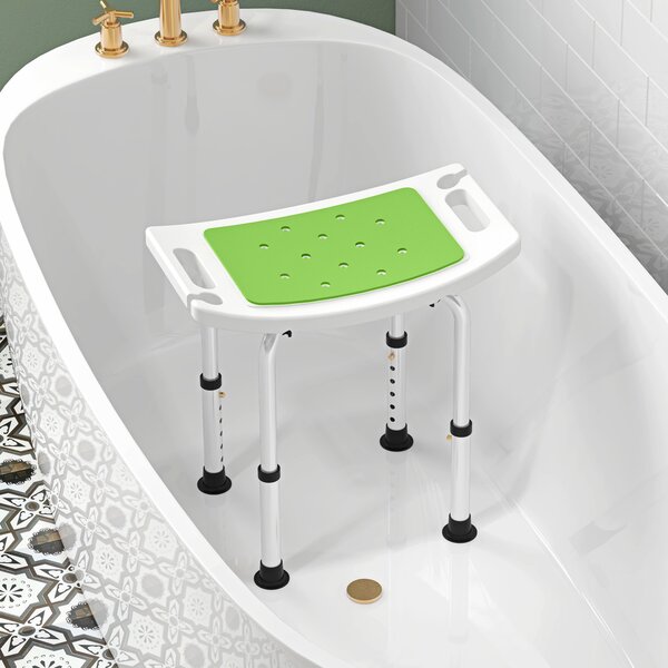 HOMCOM 6-Level Height Adjustable Aluminium Bath Stool with Non-Slip Design, Padded Seat Drainage Holes, Green Aosom UK