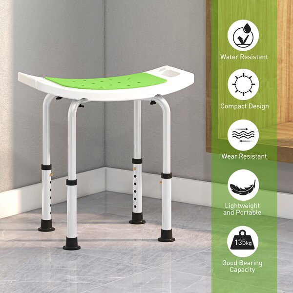 HOMCOM 6-Level Height Adjustable Aluminium Bath Stool with Non-Slip Design, Padded Seat Drainage Holes, Green Aosom UK