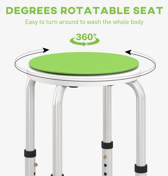 HOMCOM 360° Swivel Bath Stool with Non-Slip Feet, Height Adjustable Aluminium Shower Chair, Green Aosom UK