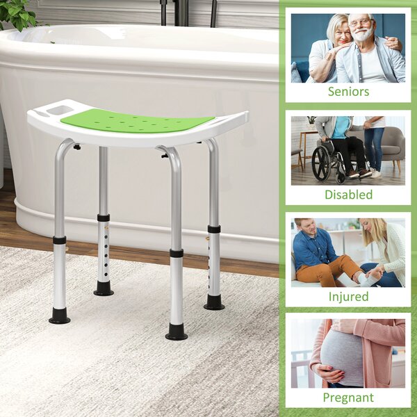 HOMCOM 6-Level Height Adjustable Aluminium Bath Stool with Non-Slip Design, Padded Seat Drainage Holes, Green Aosom UK