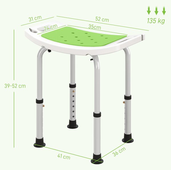 HOMCOM 6-Level Height Adjustable Aluminium Bath Stool with Non-Slip Design, Padded Seat Drainage Holes, Green Aosom UK