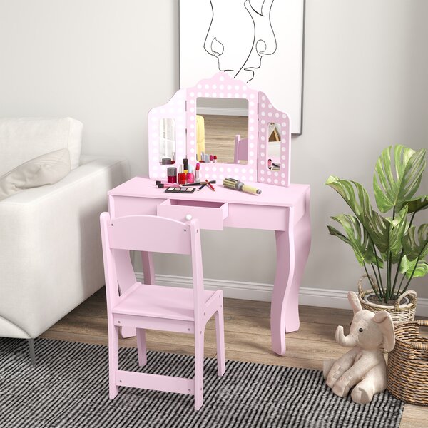 AIYAPLAY Kids Dressing Table Sets with Stool and Tri-Fold Mirror, Drawer for Playroom, Bedroom - Pink Aosom UK