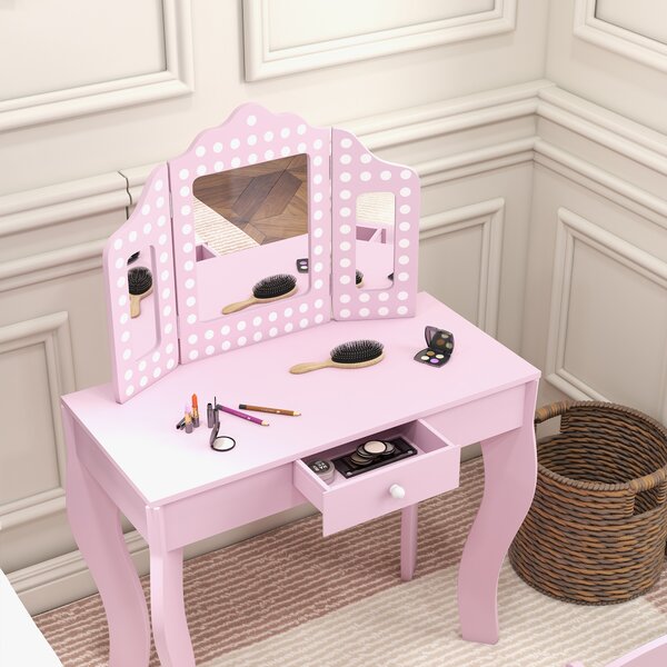 AIYAPLAY Kids Dressing Table Sets with Stool and Tri-Fold Mirror, Drawer for Playroom, Bedroom - Pink Aosom UK