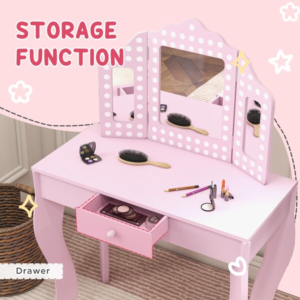 AIYAPLAY Kids Dressing Table Sets with Stool and Tri-Fold Mirror, Drawer for Playroom, Bedroom - Pink Aosom UK