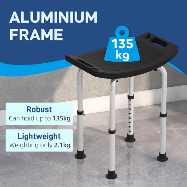 HOMCOM Height Adjustable Bath Stool, Aluminium Shower Chair with Non-Slip Pads, 4 Suction Foot, Black Aosom UK