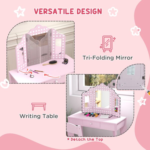 AIYAPLAY Kids Dressing Table Sets with Stool and Tri-Fold Mirror, Drawer for Playroom, Bedroom - Pink Aosom UK