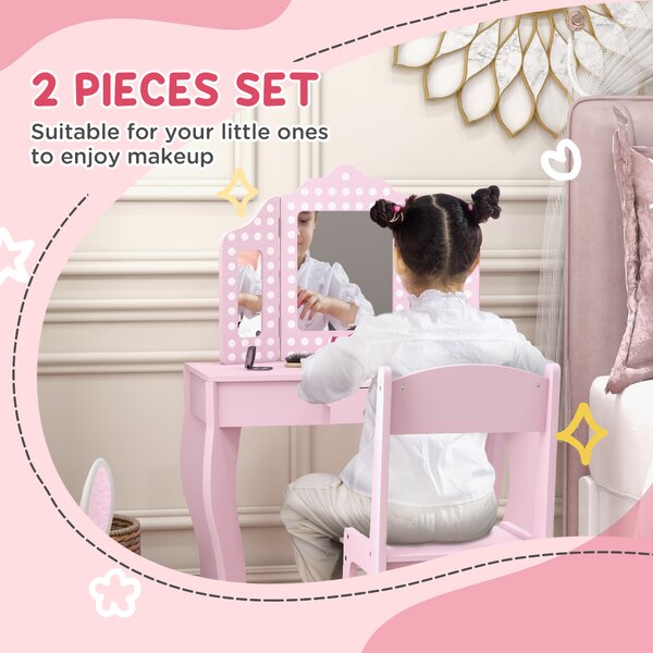 AIYAPLAY Kids Dressing Table Sets with Stool and Tri-Fold Mirror, Drawer for Playroom, Bedroom - Pink Aosom UK