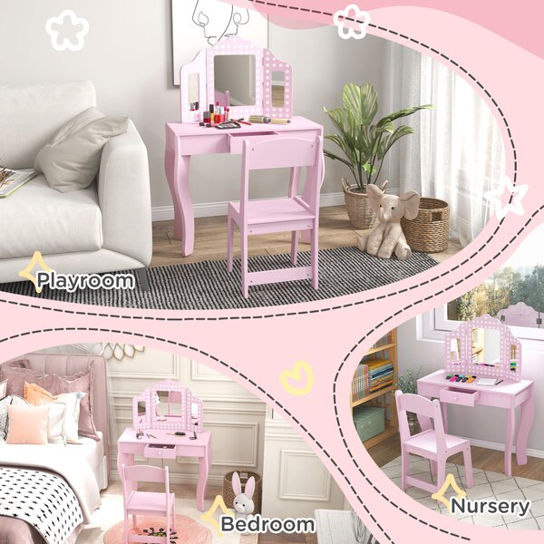 AIYAPLAY Kids Dressing Table Sets with Stool and Tri-Fold Mirror, Drawer for Playroom, Bedroom - Pink Aosom UK