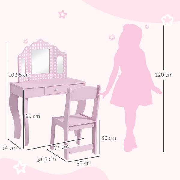 AIYAPLAY Kids Dressing Table Sets with Stool and Tri-Fold Mirror, Drawer for Playroom, Bedroom - Pink Aosom UK