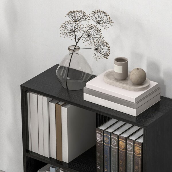HOMCOM Low Bookcase with Adjustable Shelf, 2 Compartments, 2 Tier Bookshelf for Home Office, Living Room, Study, Black Aosom UK