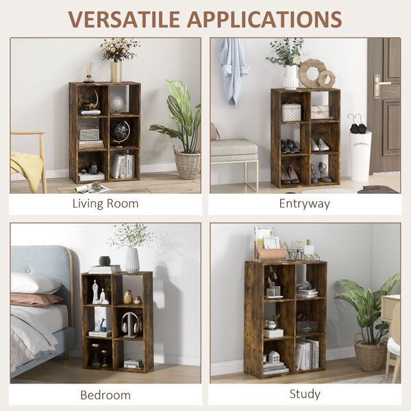 HOMCOM 3-tier 6 Cubes Storage Unit Particle Board Cabinet Bookcase Organiser Home Office Shelves Rustic Brown Aosom UK