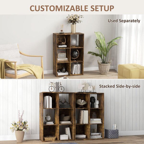 HOMCOM 3-tier 6 Cubes Storage Unit Particle Board Cabinet Bookcase Organiser Home Office Shelves Rustic Brown Aosom UK