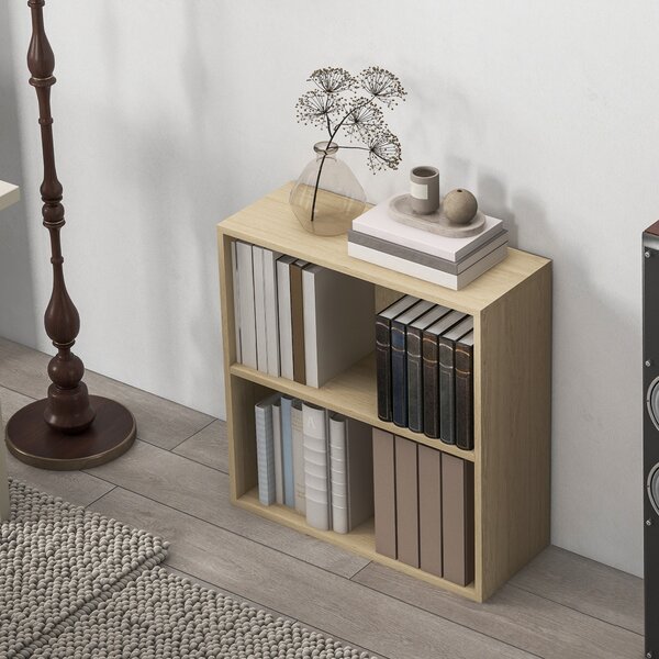 HOMCOM Low Bookcase with Adjustable Shelf, 2 Compartments, 2 Tier Bookshelf for Home Office, Living Room, Study, Natural Aosom UK