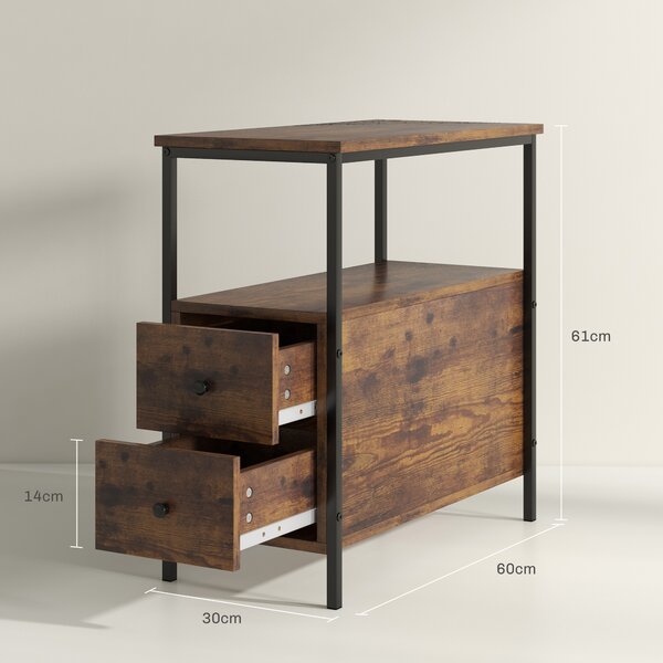 HOMCOM Set of 2 Side Table, Narrow Bedside Table with 2 Drawers and Storage Shelf, Industrial End Table with Metal Frame, Rustic Brown Aosom UK