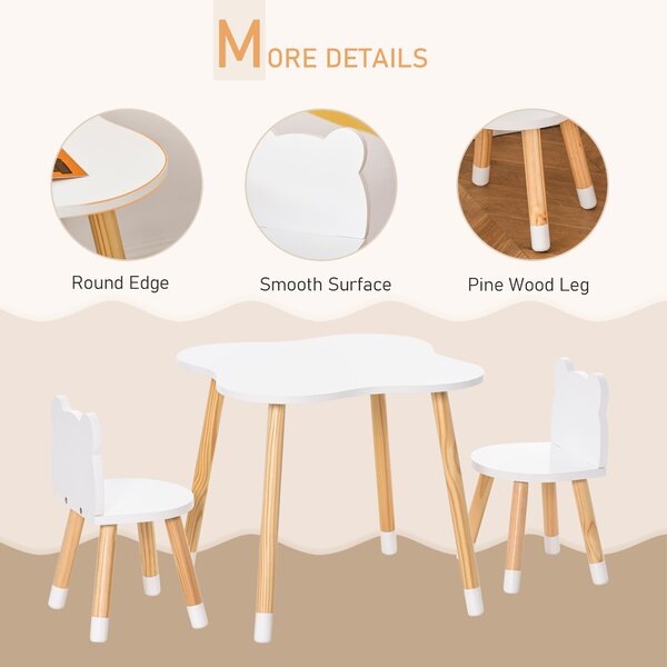 HOMCOM 3 Piece Kids Table and Chair Set with 2 Bear-shaped Chairs, White Aosom UK